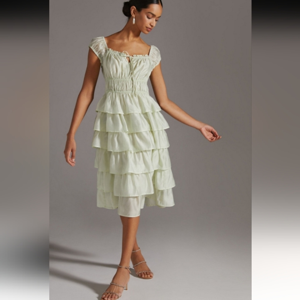 Anthropologie Current Air Ruffled Tiered Midi Dress Mint L - Picture 16 of 16